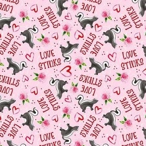 Small Scale Love Stinks Funny Valentine Skunks Red Hearts and Pink Flowers on Pink