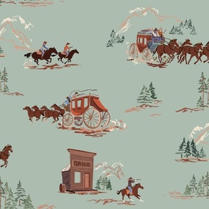 Mountain Stagecoach -Light-Turquoise, Cowboy Toile, Western Toile, Country Western Toile