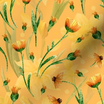 Calendula on daffodils 