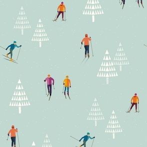 Cross Country Skiing - Winter Woodland - Light Blue Background