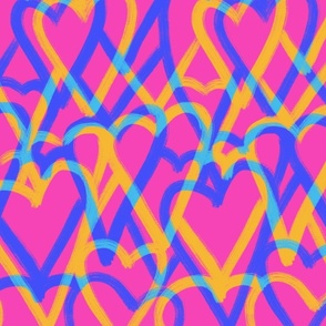 Brushed hearts Yellow blue on pink Large 