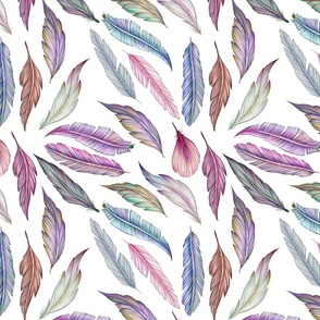 Colorful Purple Feather Pattern on Whitest White - Medium Scale
