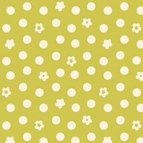 Green polkadots and flowers on green background