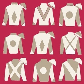 Classic Jockey Silks  - viva magenta red, khaki and ivory