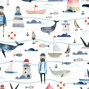 Life at Sea - Large Ocean motifs Hand drawn in watercolors - coastal decor - sail boat wallpaper - seagul - whales - boy room decor