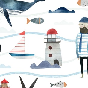 Life at Sea - Jumbo Ocean motifs Hand drawn in watercolors - coastal decor - sail boat wallpaper - seagul - whales - boy room decor