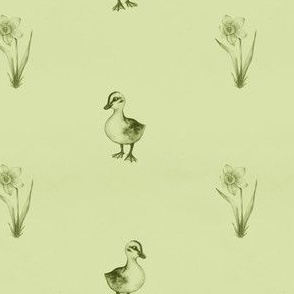 Vintage Ducklings and Daffodils in Titanite Green