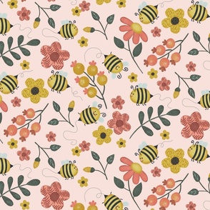 Buzzing garden- blush pink background, large scale