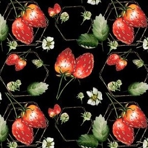 Hand painted watercolour strawberries, black background,  abstract gold 
