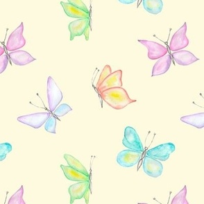 Pastel Rainbow Watercolor Butterflies on Yellow