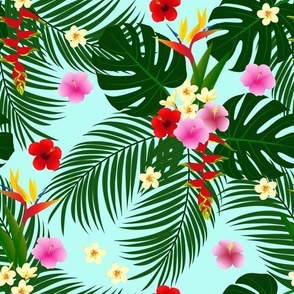 tropical leaf and exotic flowers
