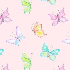 Pastel Rainbow Watercolor Butterflies on Pink