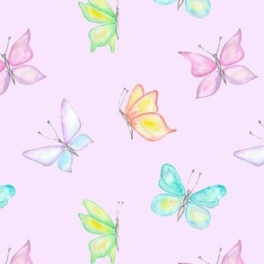 Pastel Rainbow Watercolor Butterflies on Purple