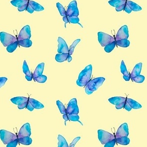 Blue Watercolor Butterflies on Yellow