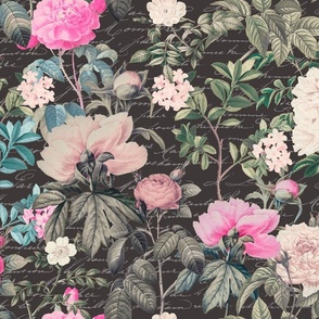 Nostalgic Flower Garden Floral Romance Pattern On Dark Grey