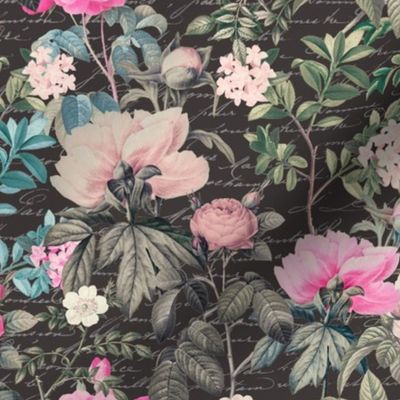 Nostalgic Flower Garden Floral Romance Pattern On Dark Grey Smaller Scale