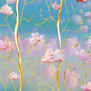 sakura, golden trunks, spring dreams, blue pink flowers, vertical stripe