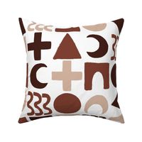 523 - Jumbo scale Abstract mod geometric chequerboard in coffee, caramel and white, featuring circles, triangles, crosses and squiggly shapes for curtains, wallpaper, cushions and avant-garde fashions