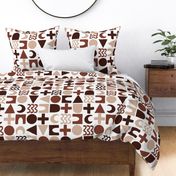 523 - Jumbo scale Abstract mod geometric chequerboard in coffee, caramel and white, featuring circles, triangles, crosses and squiggly shapes for curtains, wallpaper, cushions and avant-garde fashions