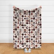 523 - Jumbo scale Abstract mod geometric chequerboard in coffee, caramel and white, featuring circles, triangles, crosses and squiggly shapes for curtains, wallpaper, cushions and avant-garde fashions