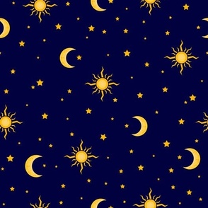 sky pattern, magic wizard,  sun, moon and stars pattern.