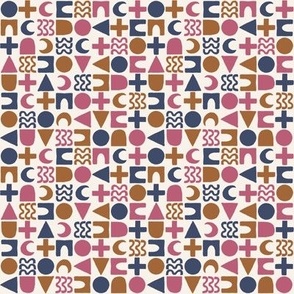 523 - Small scale pink, blue and toffee Abstract mod geometric chequerboard, featuring circles, triangles, crosses and squiggly shapes for curtains, wallpaper, cushions quilting and pet accessories. 