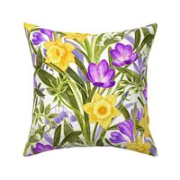 Spring Floral with Daffodils, Crocuses and Lily of the Valley on white - large