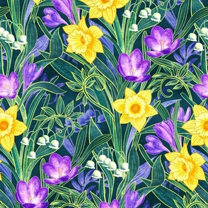 Spring Floral with Daffodils, Crocuses and Lily of the Valley - blue green, large