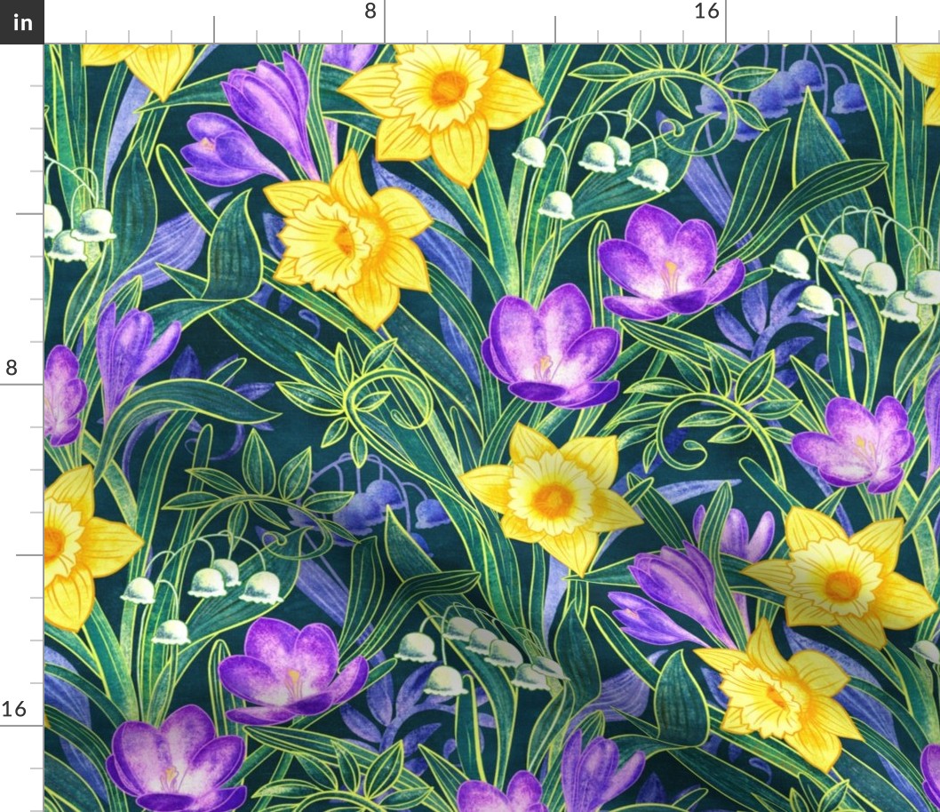Spring Floral with Daffodils, Crocuses and Lily of the Valley - blue green, large