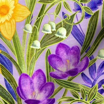 Spring Floral with Daffodils, Crocuses and Lily of the Valley on lilac - large