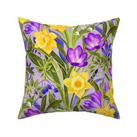 Spring Floral with Daffodils, Crocuses and Lily of the Valley on lilac - large