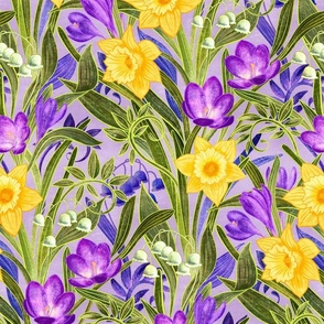 Spring Floral with Daffodils, Crocuses and Lily of the Valley on lilac - large