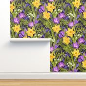 Spring Floral with Daffodils, Crocuses and Lily of the Valley on deep purple - large