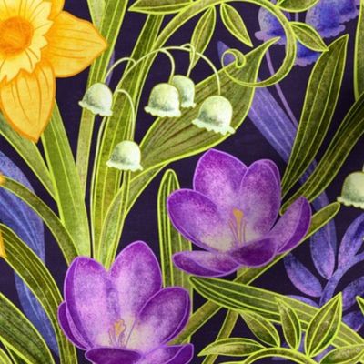 Spring Floral with Daffodils, Crocuses and Lily of the Valley on deep purple - large