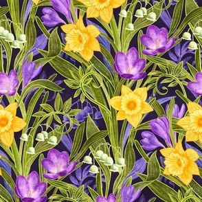 Spring Floral with Daffodils, Crocuses and Lily of the Valley on deep purple - large