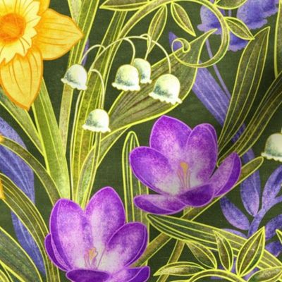 Spring Floral with Daffodils, Crocuses and Lily of the Valley on olive green - large