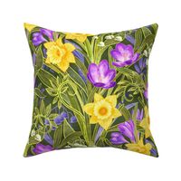 Spring Floral with Daffodils, Crocuses and Lily of the Valley on olive green - large