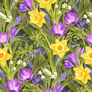 Spring Floral with Daffodils, Crocuses and Lily of the Valley on olive green - large