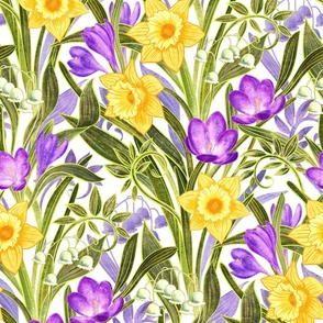 Spring Floral with Daffodils, Crocuses and Lily of the Valley on white - extra large