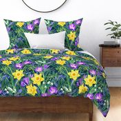 Spring Floral with Daffodils, Crocuses and Lily of the Valley - blue green, extra large