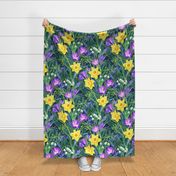 Spring Floral with Daffodils, Crocuses and Lily of the Valley - blue green, extra large