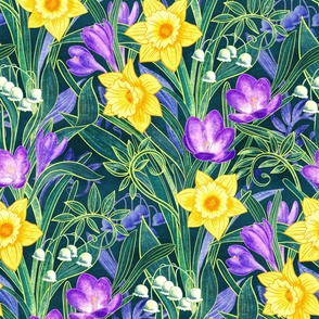 Spring Floral with Daffodils, Crocuses and Lily of the Valley - blue green, extra large