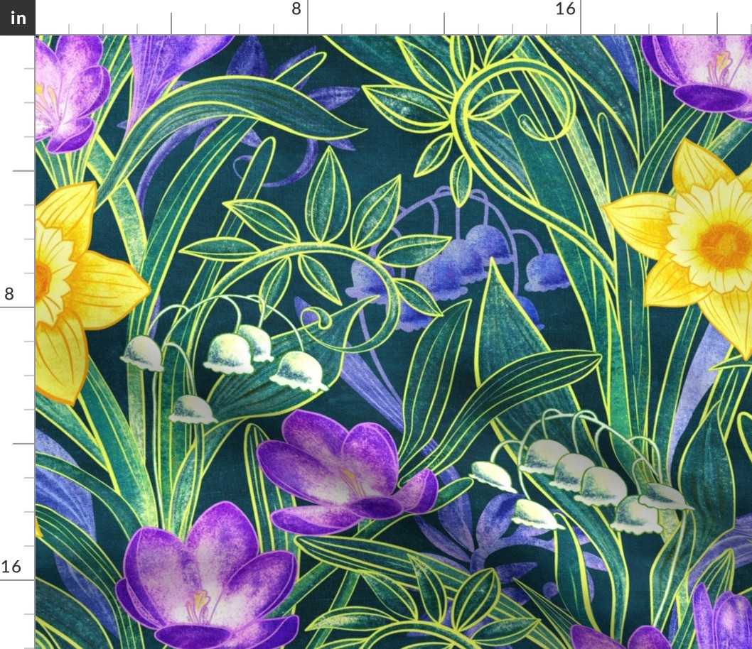 Spring Floral with Daffodils, Crocuses and Lily of the Valley - blue green, extra large