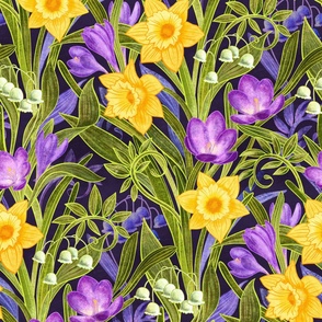 Spring Floral with Daffodils, Crocuses and Lily of the Valley on deep purple - extra large