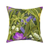 Spring Floral with Daffodils, Crocuses and Lily of the Valley on olive green - extra large