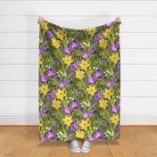 Spring Floral with Daffodils, Crocuses and Lily of the Valley on olive green - extra large