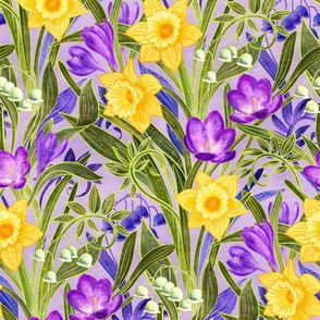 Spring Floral with Daffodils, Crocuses and Lily of the Valley on lilac - extra large