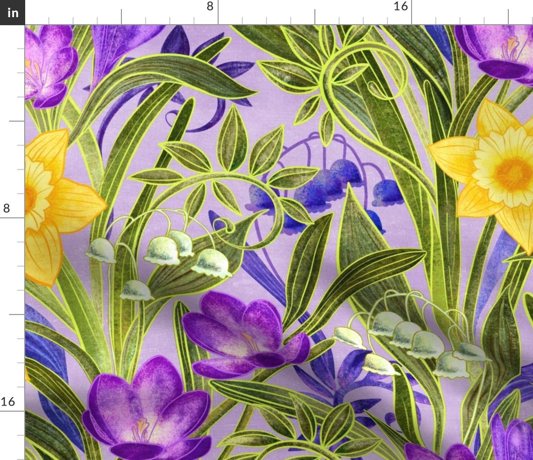 Spring Floral with Daffodils, Crocuses and Lily of the Valley on lilac - extra large