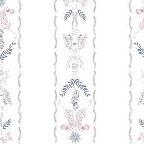Linear floral design with flowers and leaves on white