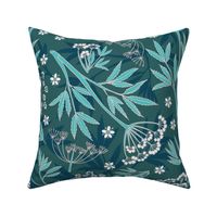 Handdrawn botanical, minimalist, non directional hemlock leaves and blossoms, in shades of cyan, teal blue and white